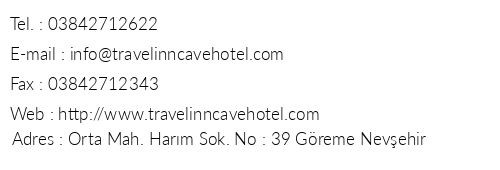 Travel nn Cave Hotel telefon numaralar, faks, e-mail, posta adresi ve iletiim bilgileri